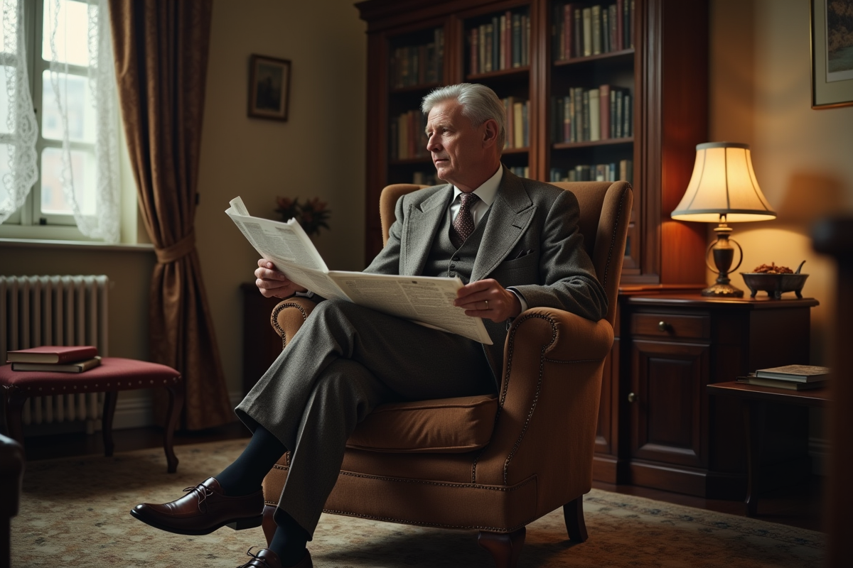 Homme d age moyen lisant dans un salon vintage