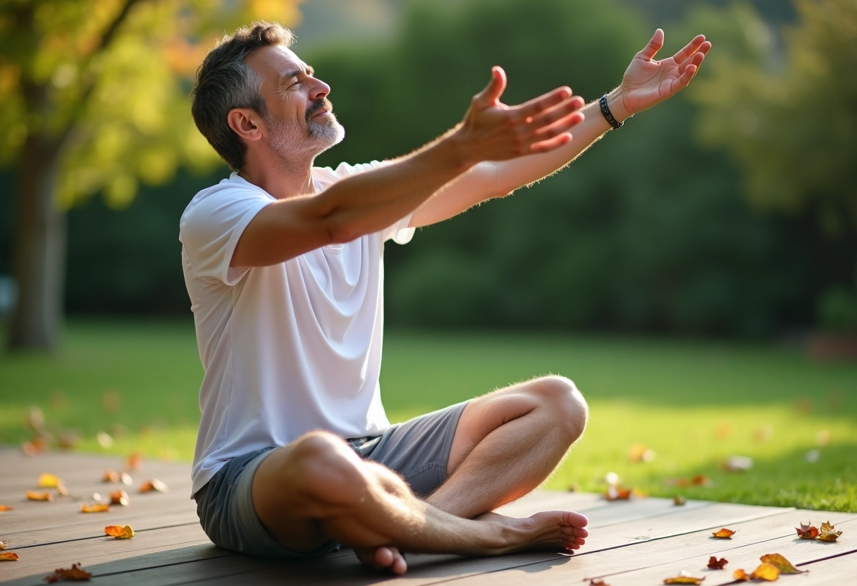 Homme en yoga en extérieur dans un jardin calme