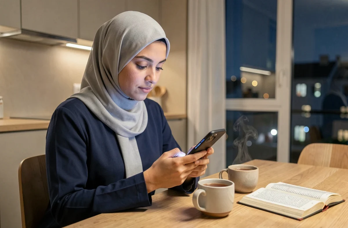 Jeune femme musulmane consultant les heures de prière de l'icha sur son smartphone dans une cuisine moderne en banlieue