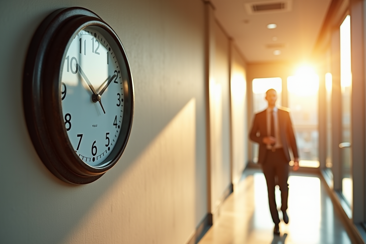 Horloge murale indiquant 3h36 et 3h39 dans un couloir ensoleille