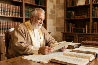 Érudit islamique en tenue traditionnelle étudiant des manuscrits arabes anciens dans une bibliothèque de madrasah, évoquant l'environnement intellectuel des grands imams du fiqh sunnite comme Malik ibn Anas