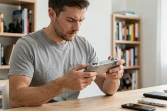 Homme inspectant une console portable Sony reconditionnée en vérifiant l'état extérieur et les boutons