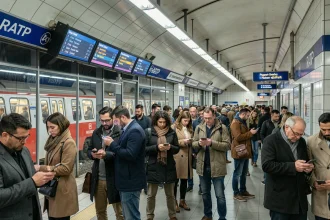 Voyageurs bloqués sur un quai de métro parisien lors d'une interruption de trafic RATP, consultant leurs téléphones devant les panneaux d'affichage arrêtés