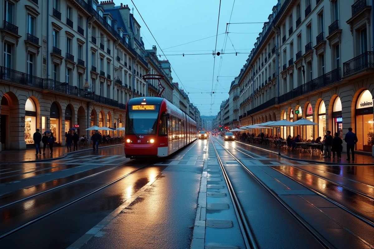 Intersection urbaine à Bordeaux avec rails de tramway ligne F sous la pluie et bâtiments haussmanniens