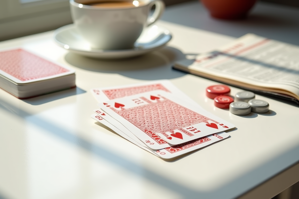 Jeu de cartes SkipBo avec règle et café sur bureau blanc