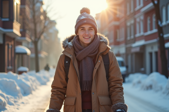 Jeune adulte marchant dans une ville enneigee en hiver