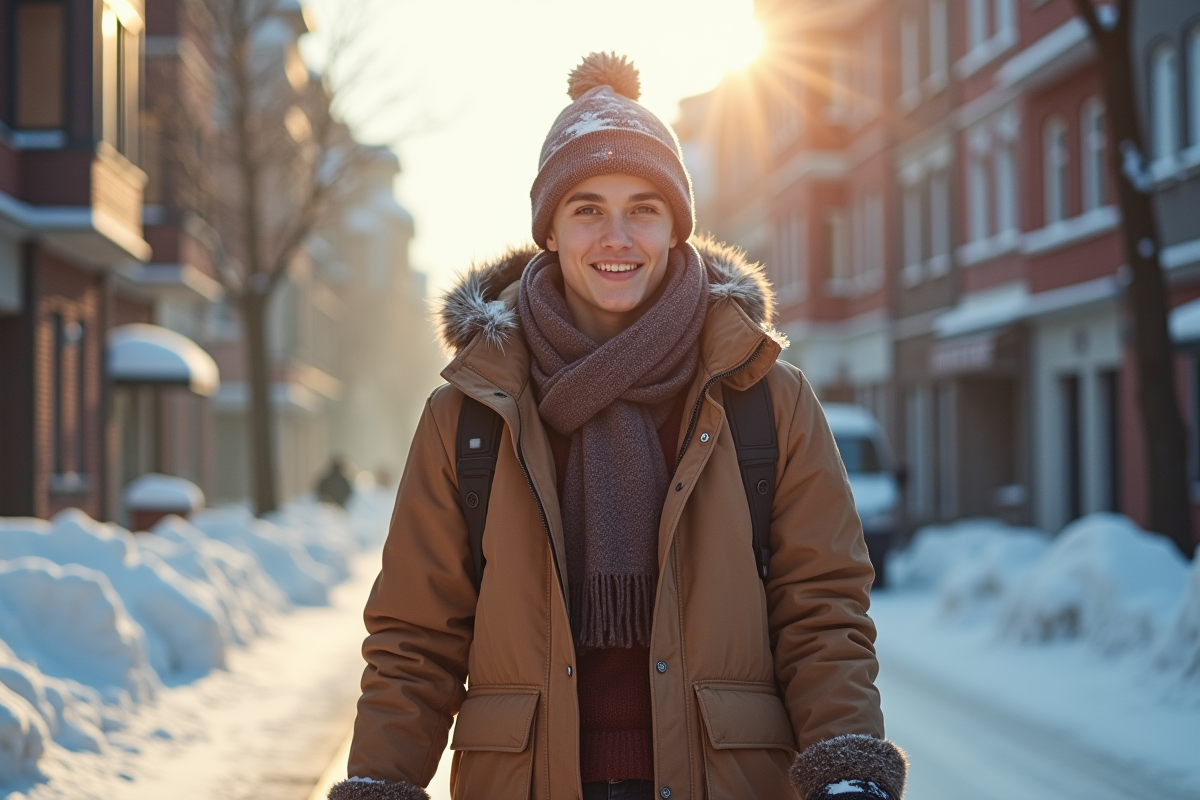 Jeune adulte marchant dans une ville enneigee en hiver