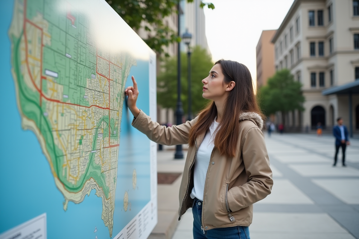 Jeune étudiante en urbanisme examinant un panneau de zonage extérieur