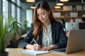 Jeune femme professionnelle au bureau organisée