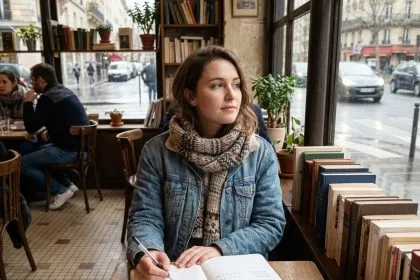 Jeune femme dans un cafe parisien en train de prendre des notes