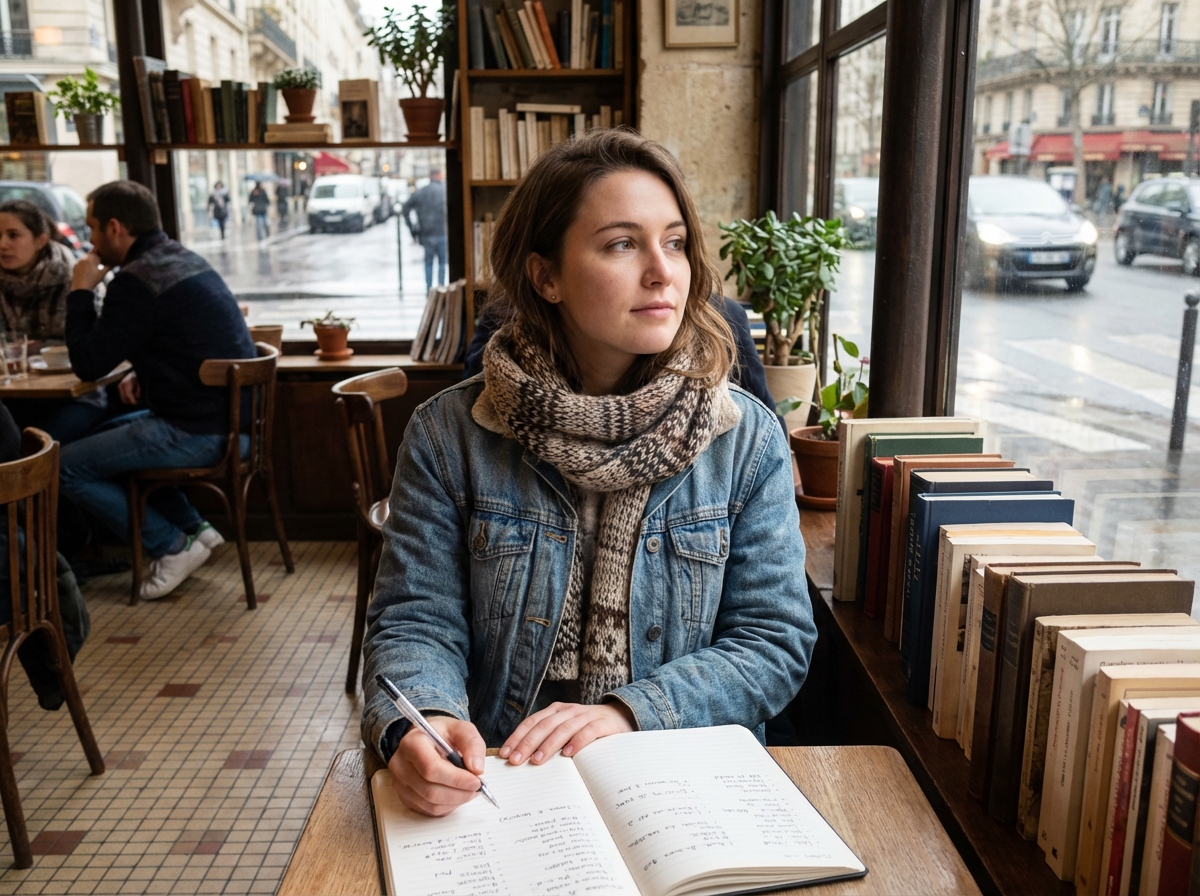Jeune femme dans un cafe parisien en train de prendre des notes