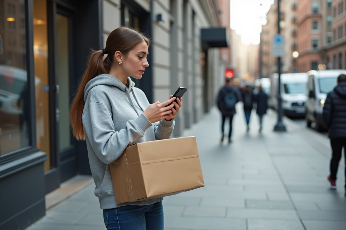Jeune femme vérifiant un colis dans la rue urbaine