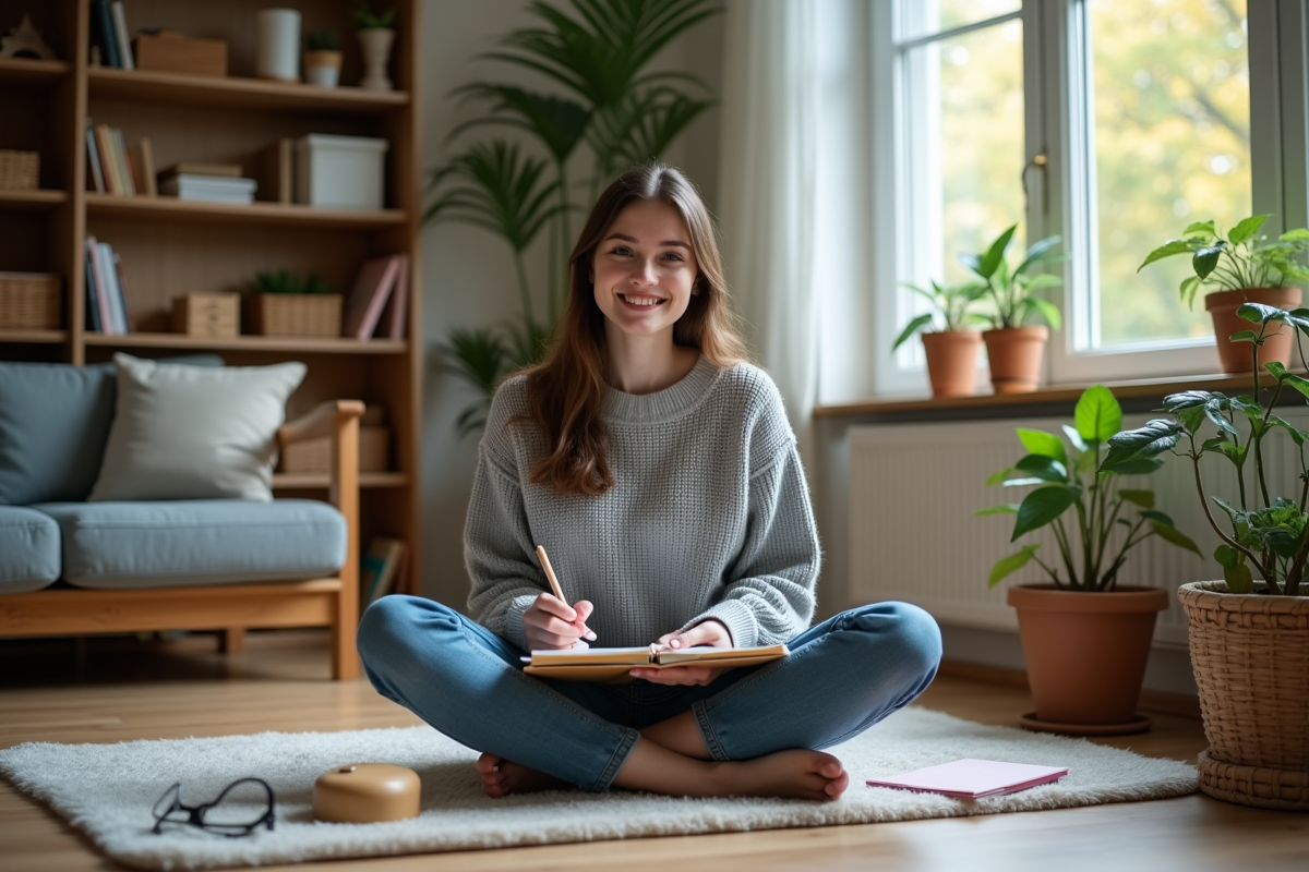 Jeune femme en sweater gris dessin dans un salon lumineux