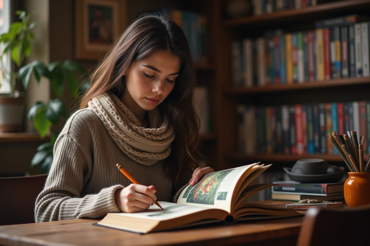 Jeune femme studieuse lisant un livre de jeu fantasy dans un espace cosy