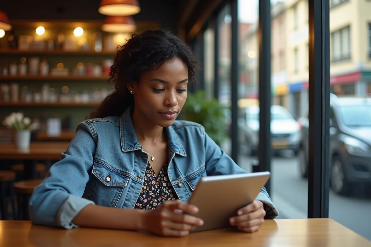 Jeune femme malgache lisant sur une tablette dans un café moderne