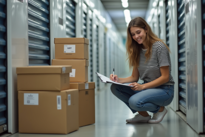 Jeune femme vérifiant sa liste dans un centre de stockage moderne