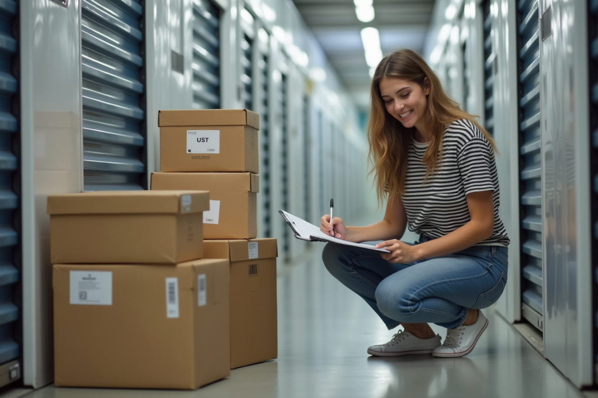 Jeune femme vérifiant sa liste dans un centre de stockage moderne