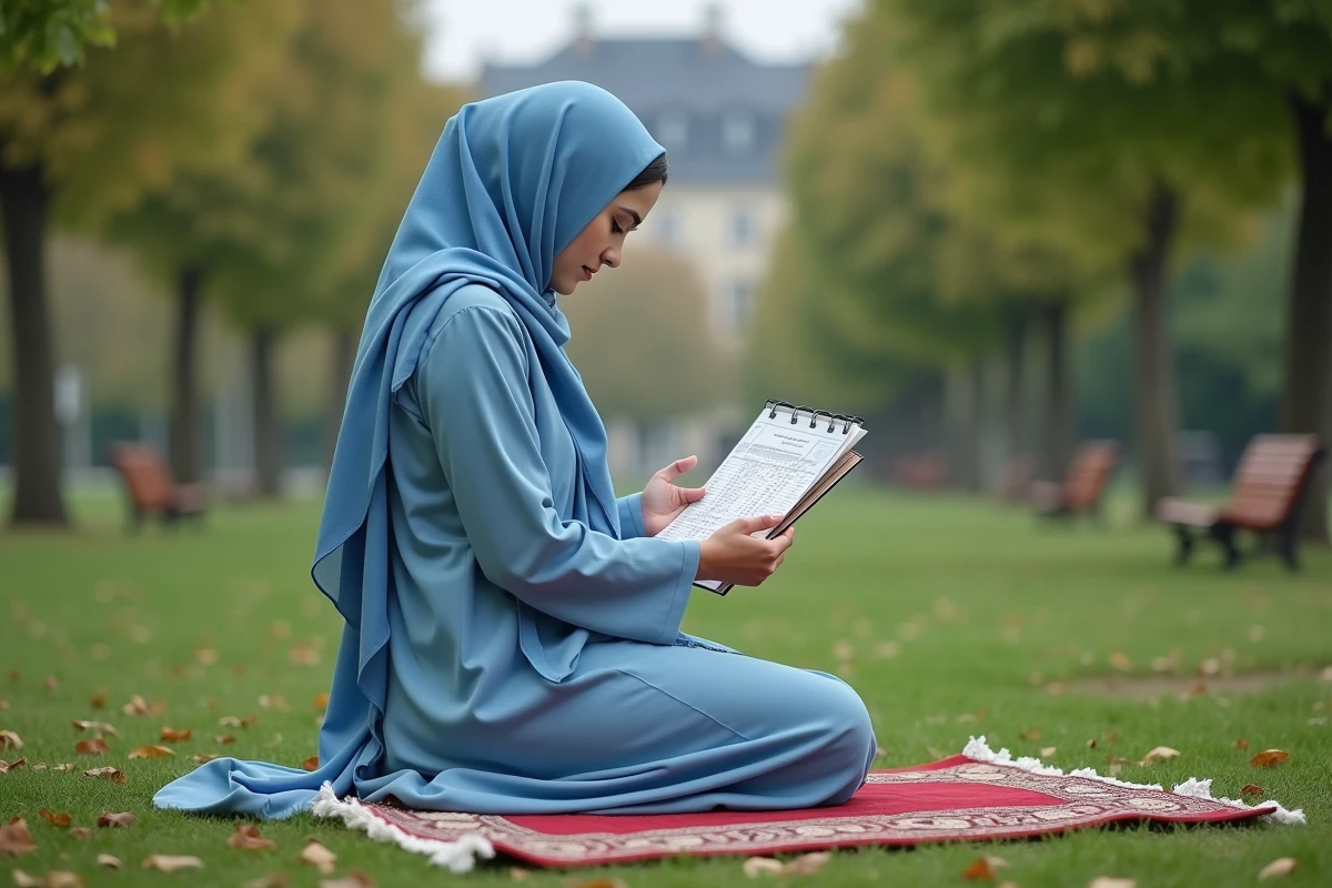 Jeune femme musulmane priant dans un parc à Valenciennes