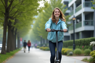 Jeune femme souriante en scooter électrique en ville