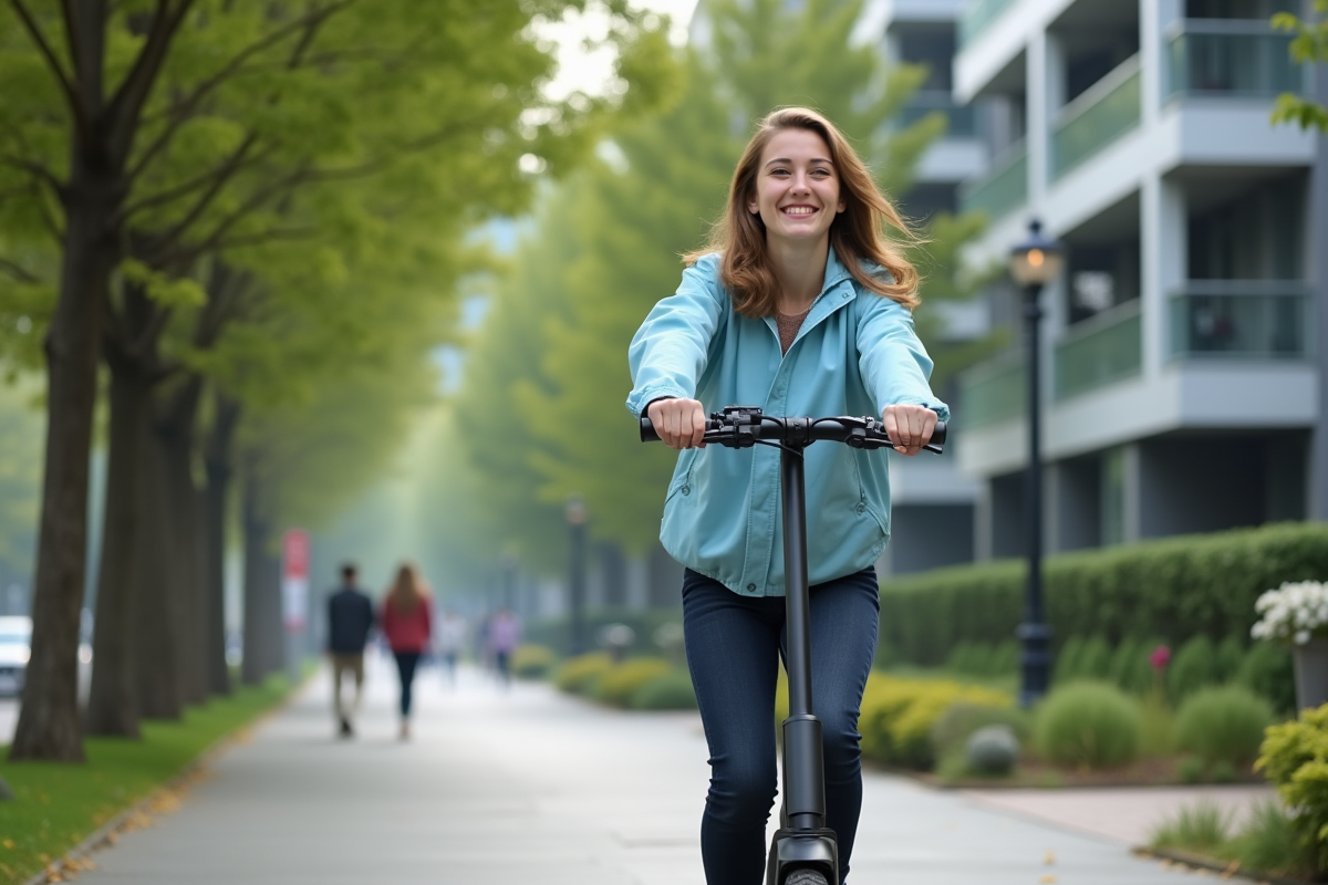Jeune femme souriante en scooter électrique en ville