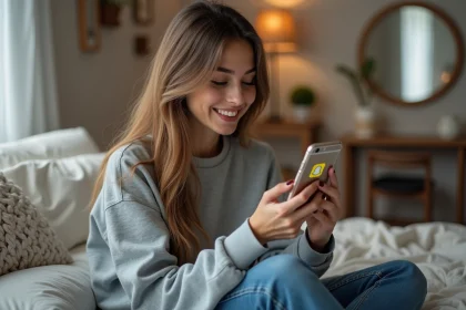 Jeune femme souriante utilisant Snapchat dans sa chambre moderne