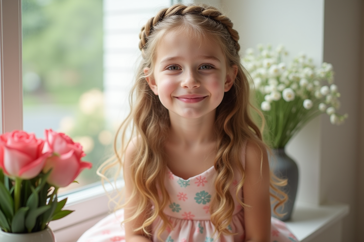 Jeune fille joyeuse avec tresse couronne en robe pastel