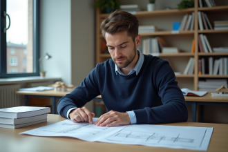 Jeune homme en intérieur examine des plans de construction