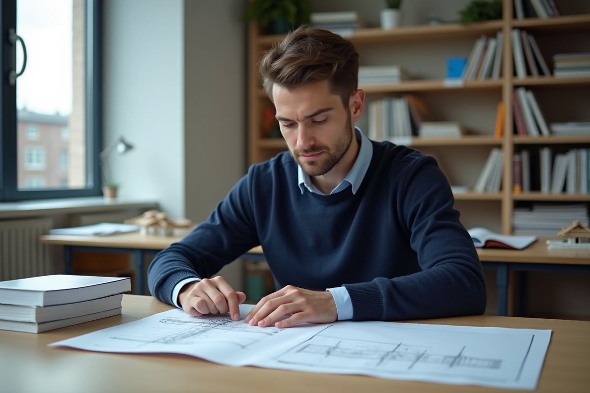 Jeune homme en intérieur examine des plans de construction