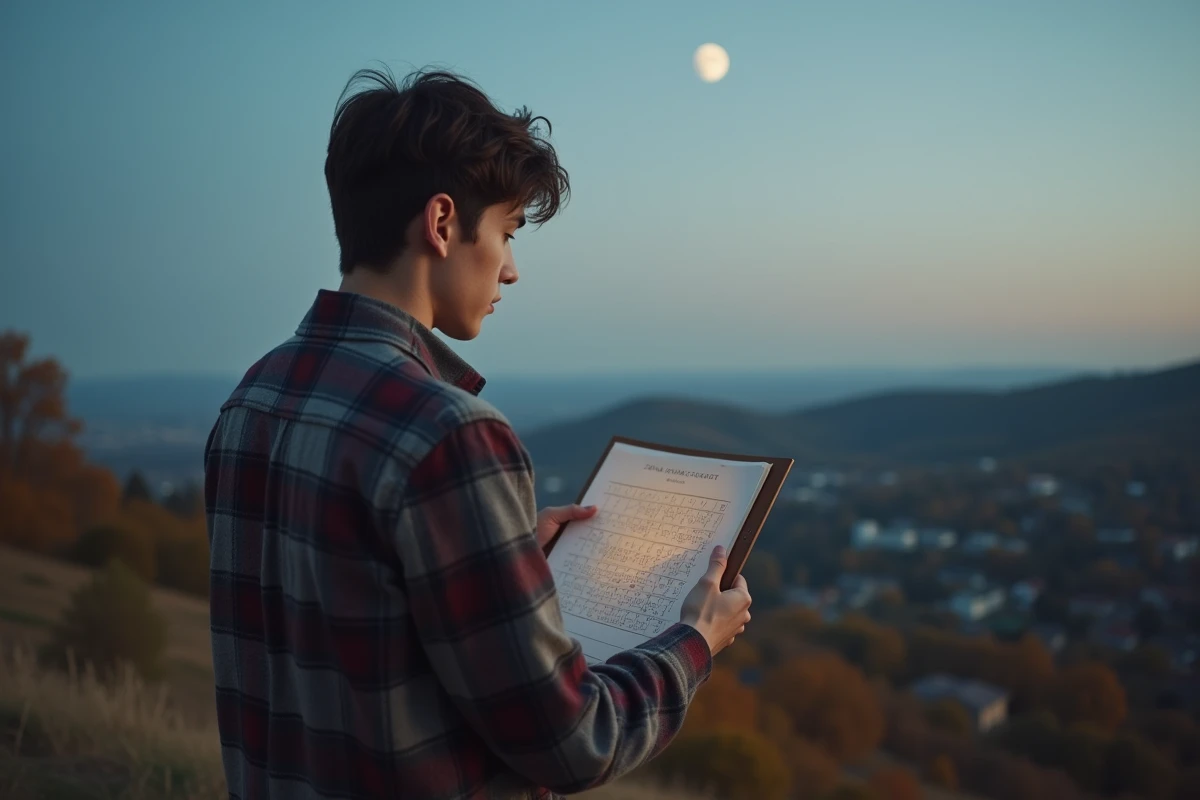 Jeune homme regardant un calendrier lunaire au coucher du soleil