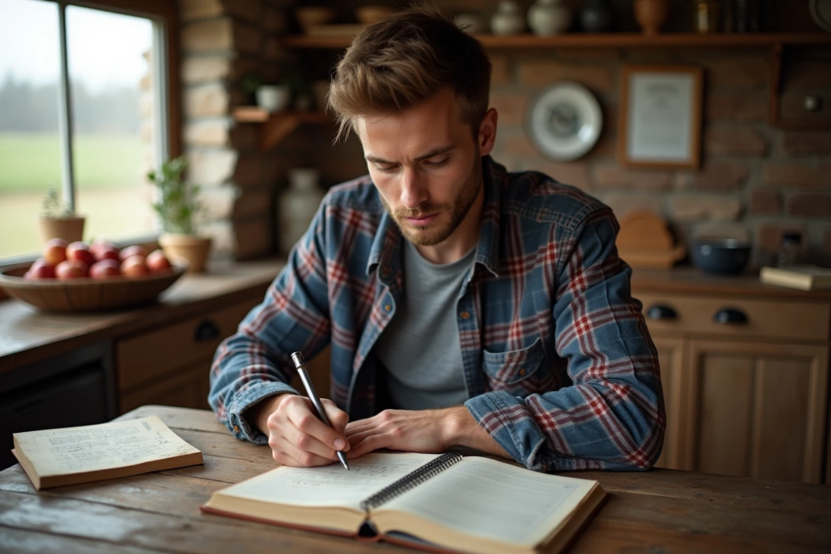 Jeune homme en cuisine rustique écrivant des formules de conversion