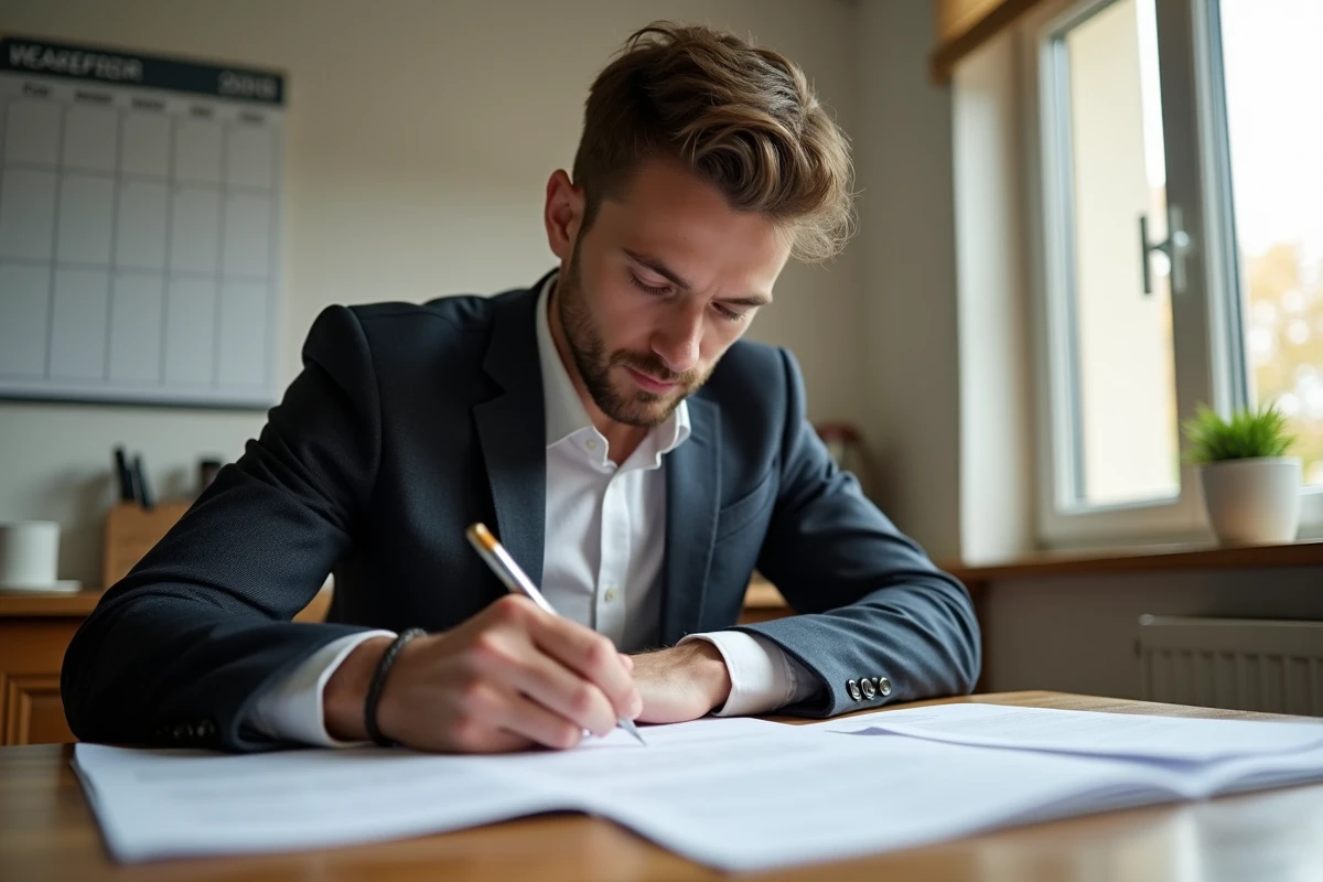 Jeune homme remplissant des formulaires à la maison
