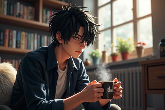 Jeune homme avec cheveux noirs désordonnés dans un café manga