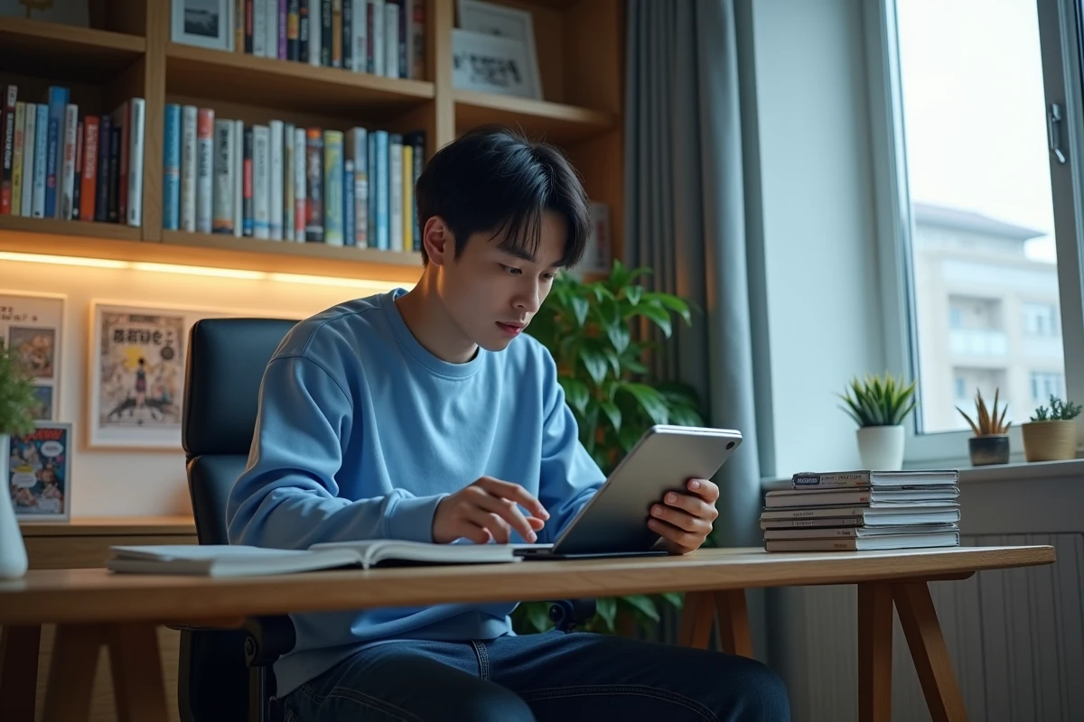 Jeune homme japonais lisant manga sur tablette dans son appartement