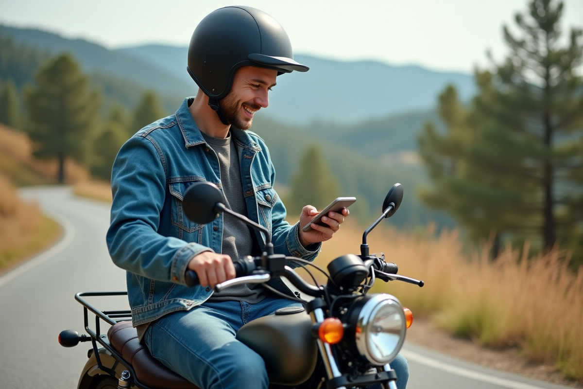 Jeune homme en jeans et casque sur une moto en nature