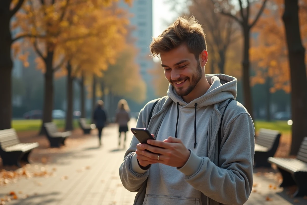 Étudiant regardant son smartphone dans un parc urbain