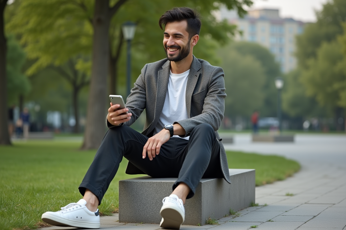 Jeune homme assis dans un parc urbain avec smartphone