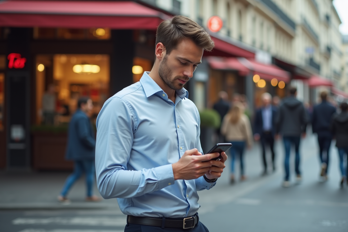 Jeune homme français vérifiant les prix dans la rue de Paris