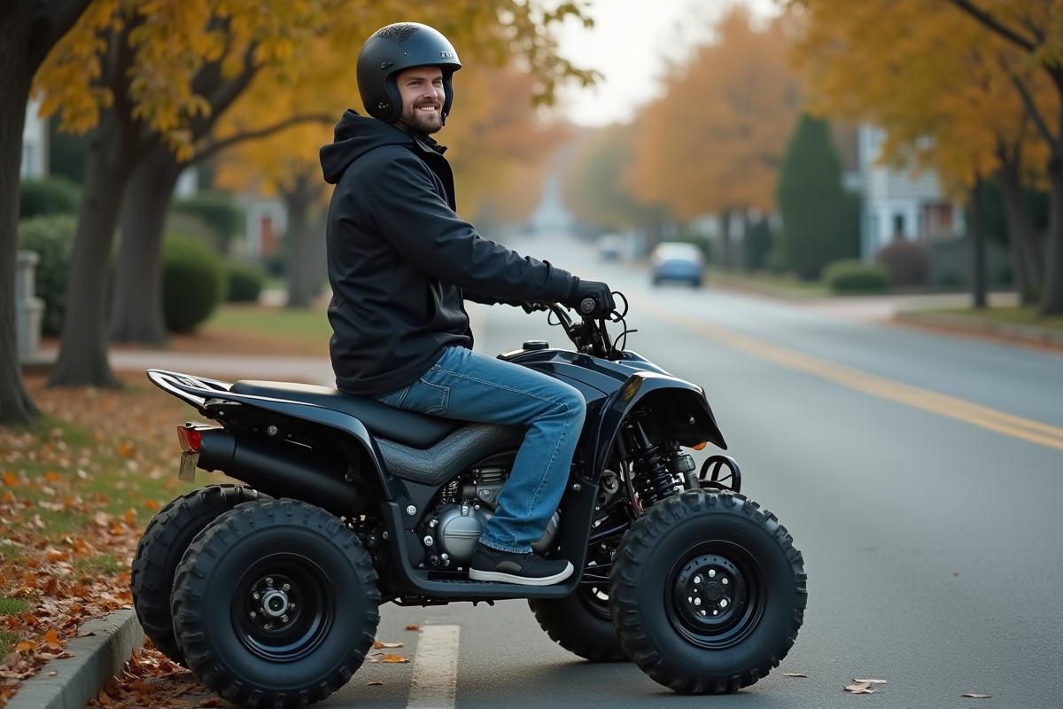 Jeune homme en quad sur route pavée en banlieue