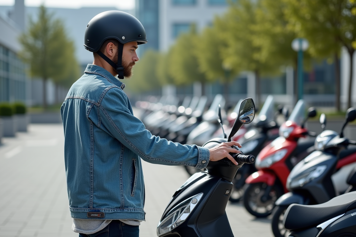 Jeune homme avec casque et veste en denim près d'un scooter neuf