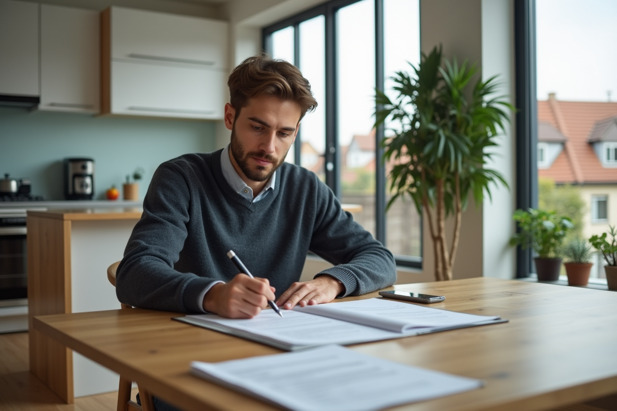 Jeune homme signant un contrat immobilier intérieur