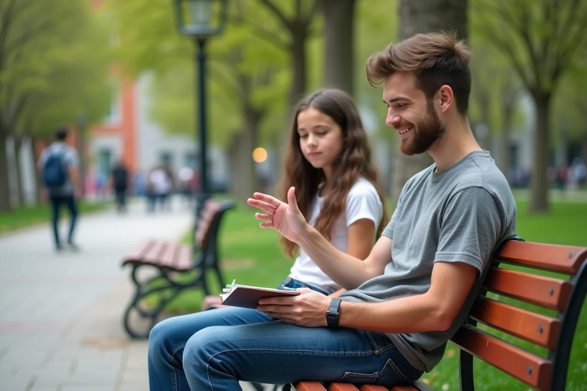 Jeune homme montre astuce math a une adolescente dans le parc