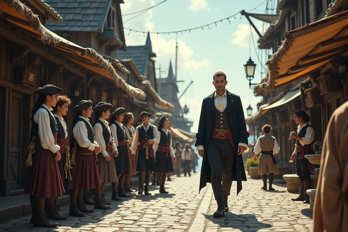 Jeunes pirates dans un village portuaire animé