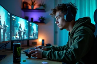 Joueur de FPS concentré devant ses écrans de jeu avec manette en main, ambiance gaming immersive en 2026