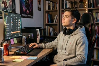 Jeune homme réfléchi devant son écran de jeu League of Legends affichant ses statistiques de temps de jeu