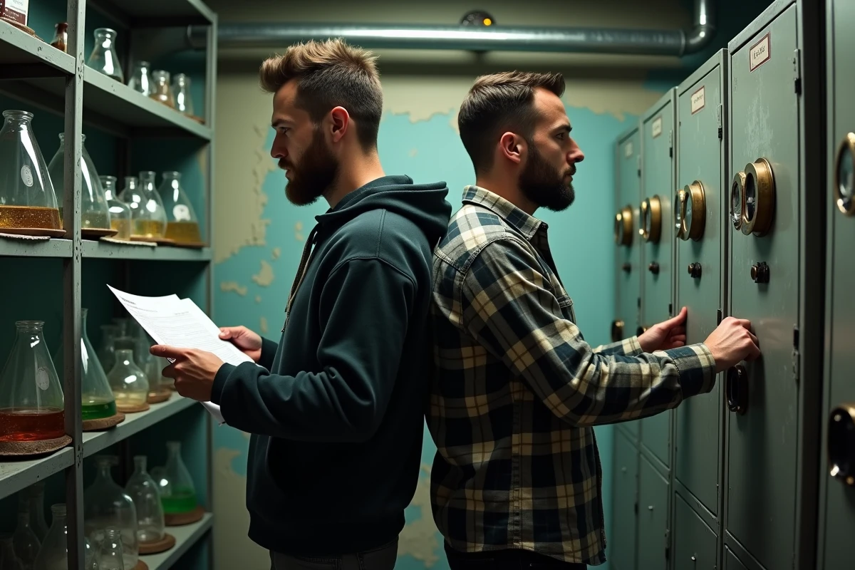 Deux joueurs masculins en pleine action dans une salle d'escape game au décor de laboratoire abandonné à Lyon