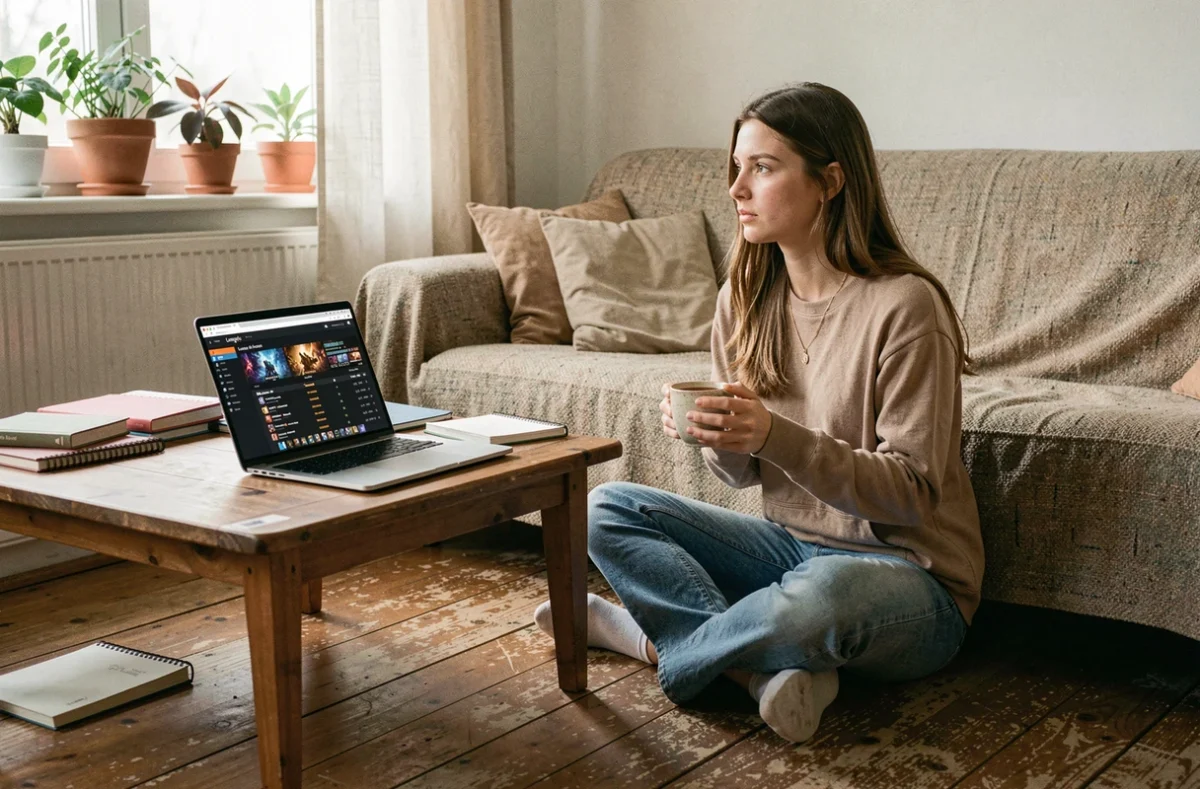 Jeune femme pensive devant son historique de parties League of Legends sur un ordinateur portable dans un appartement cosy