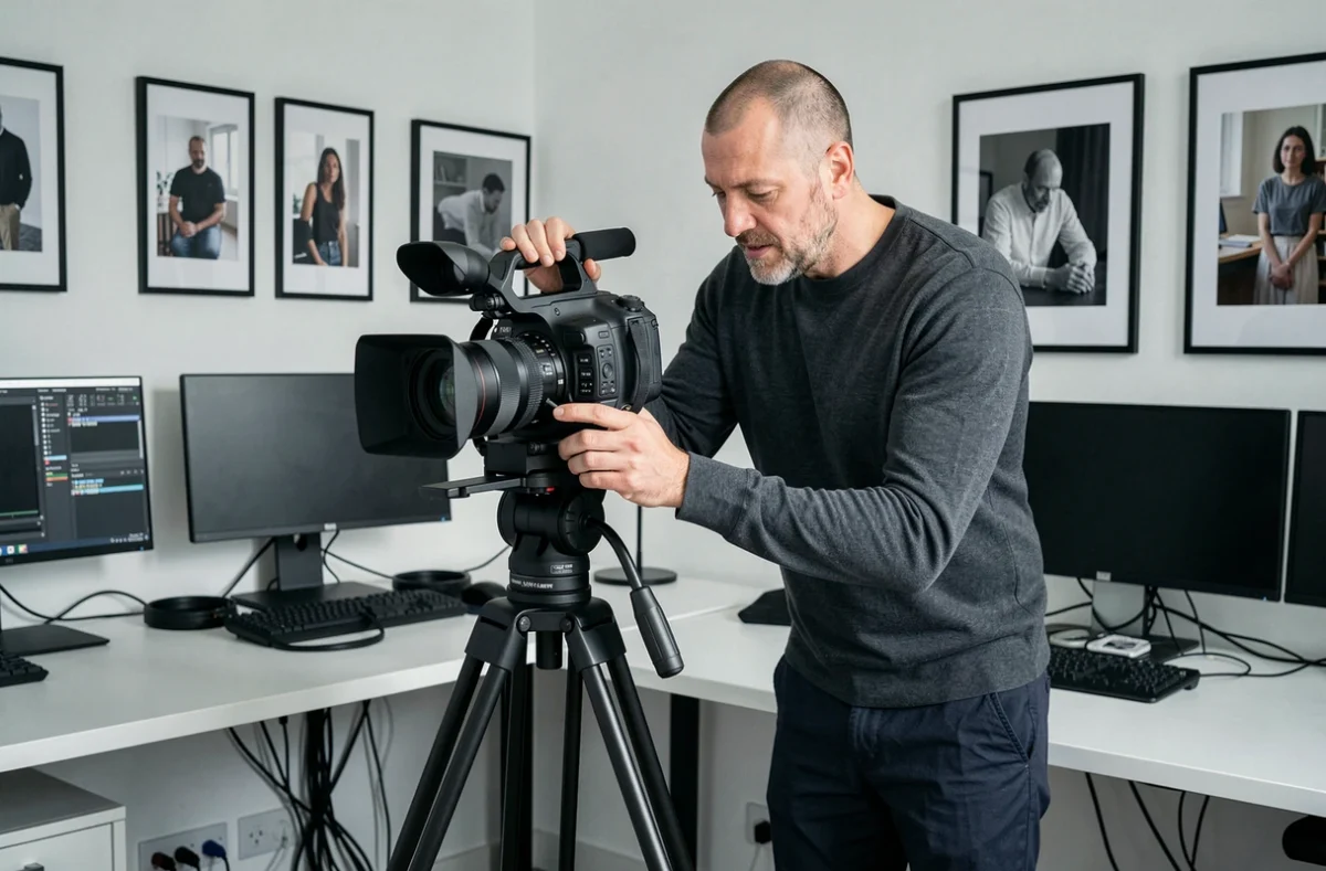 Producteur vidéo de Kadre Prod ajustant une caméra cinéma dans un bureau de production moderne à Toulouse