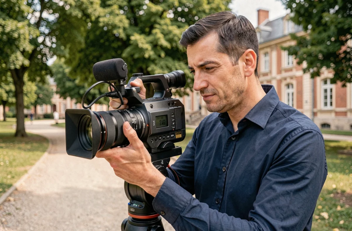 Vidéaste de Kairos Vidéographie opérant une caméra cinéma dans un parc de Toulouse