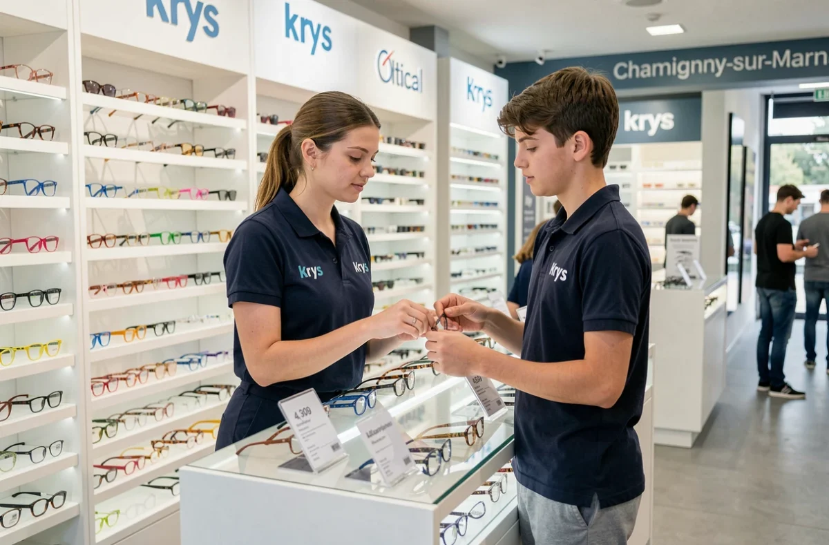 Employée de Krys à Champigny-sur-Marne aidant un jeune client à choisir des lunettes dans le magasin