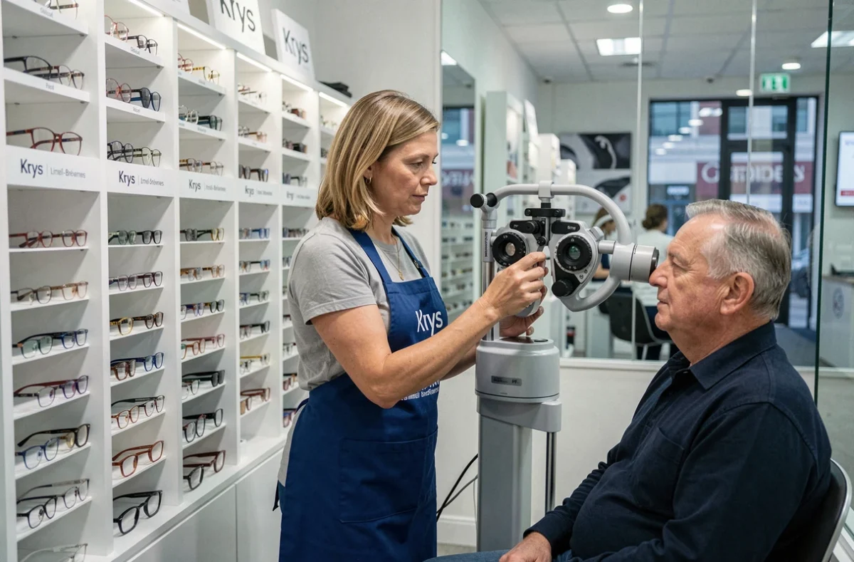 Opticienne Krys à Limeil-Brévannes réalisant un examen de vue avec un phoroptère numérique sur un client